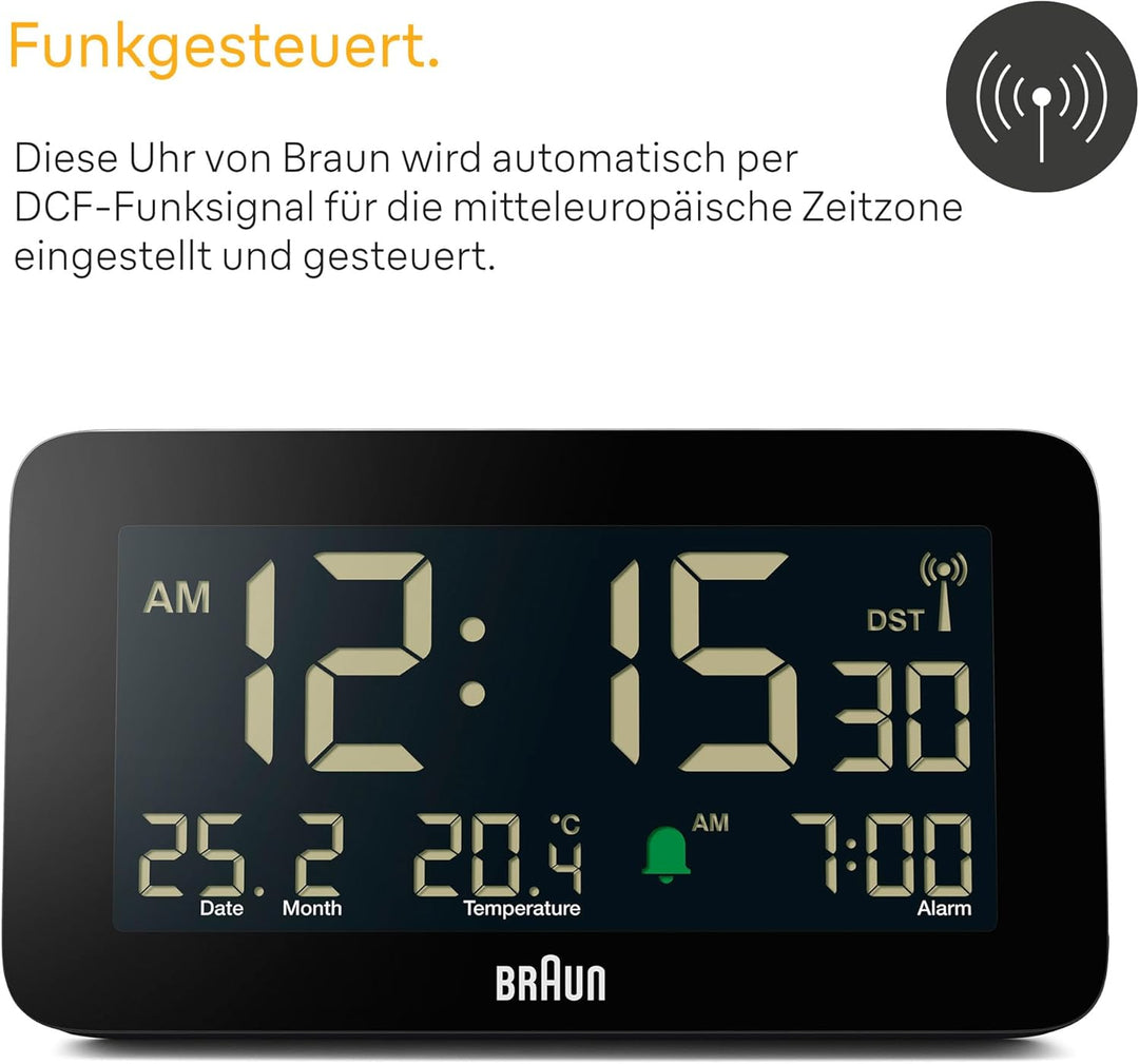 Braun Funk-Digitalwecker für die Mitteleuropäische Zeitzone (DCF) mit Datums-, Monats- und Temperatu