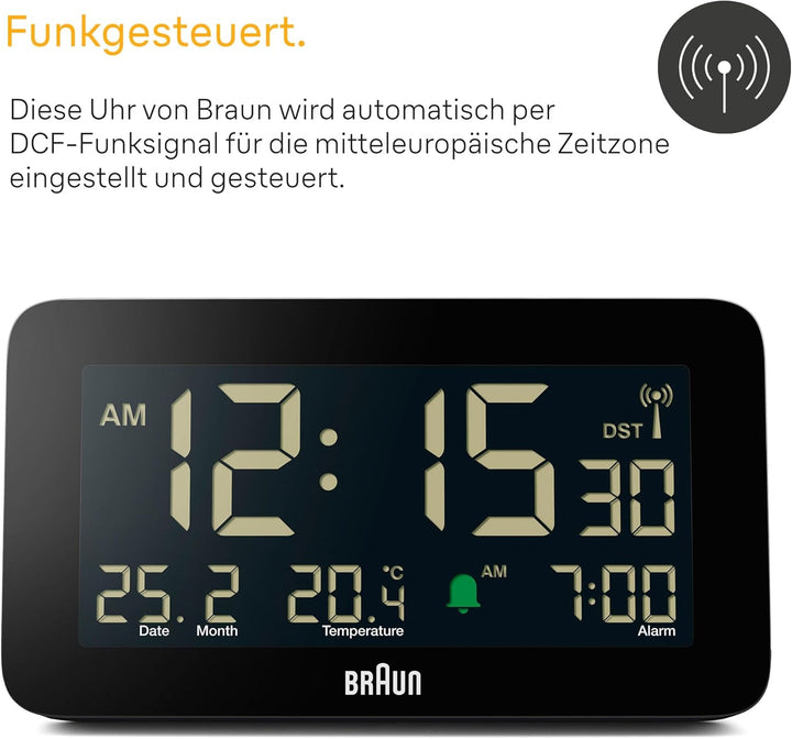 Braun Funk-Digitalwecker für die Mitteleuropäische Zeitzone (DCF) mit Datums-, Monats- und Temperatu