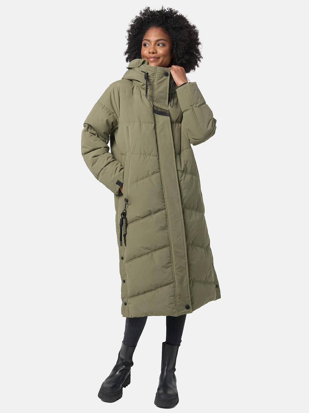 Navahoo Damen Wintermantel Warmer Steppmantel lang mit Kapuze Kuschelmausi S-XXL L Olive Leaf, L Oli