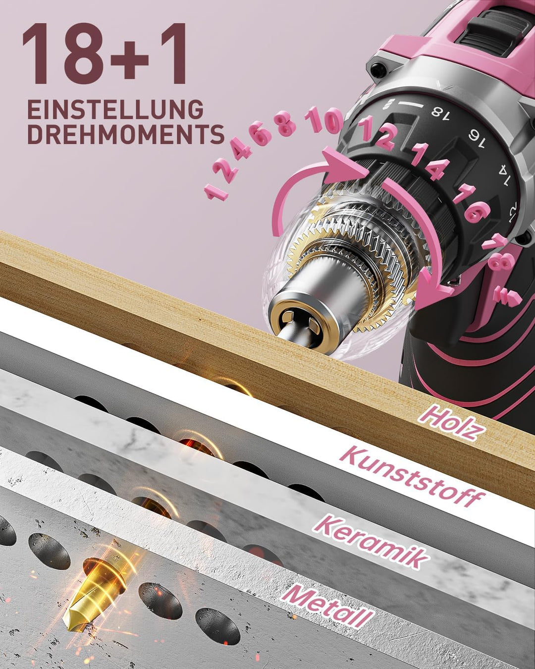 Akkuschrauber 12V Pink Rosa, Akkubohrer Klein, Akku Bohrschrauber Set mit 15 Zubehör und Tasche, 18+