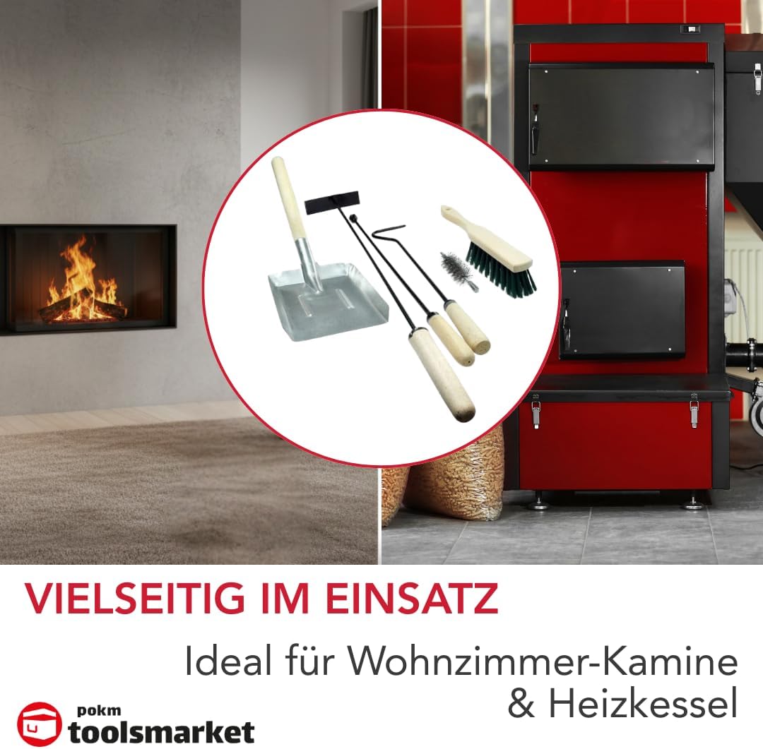 6 Tlg. Kaminbesteck: Schürhaken + Besen + Ascheschaber 70cm + Heizkesselbürste mit Schubstange + Koh