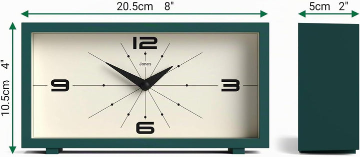 JONES CLOCKS® Schreibtischuhr 'Odeon' – modernes rechteckiges Design in Grün, stilvoller Retro-Look