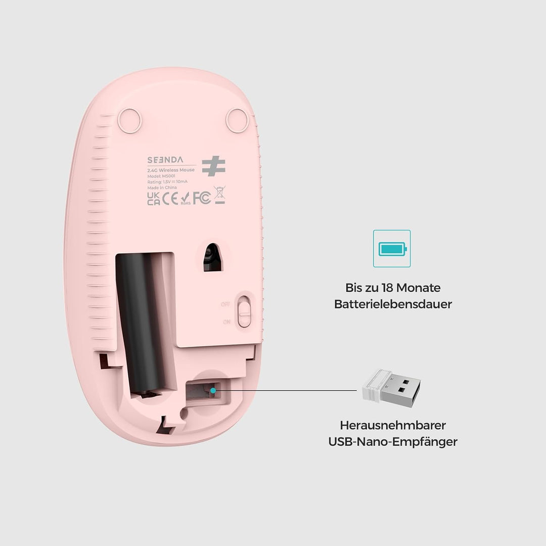 seenda Maus Kabellos, 2,4G Funkmaus mit 1600 DPI für PC/Laptop/Linux, 3 Leise Tasten, Für Links- und