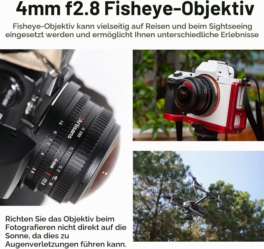 7 Artisans 4mm F2.8 Fisheye Ultra Wide Angle Lens APS-C Handbuch Focus Prime Lens Kompatibel für Fuj