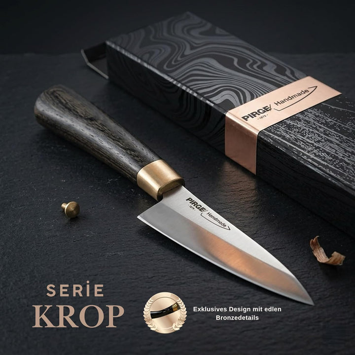 Pirge Handmade X KROP Küchenmesser | 11 cm Gemüsemesser | 60 HRC Edelstahl, 1500 Jahre altem Mooreic