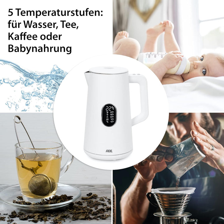 ADE Energiesparender Wasserkocher mit Temperatureinstellung 40-100°C | 1,5 l | Edelstahl | BPA-frei