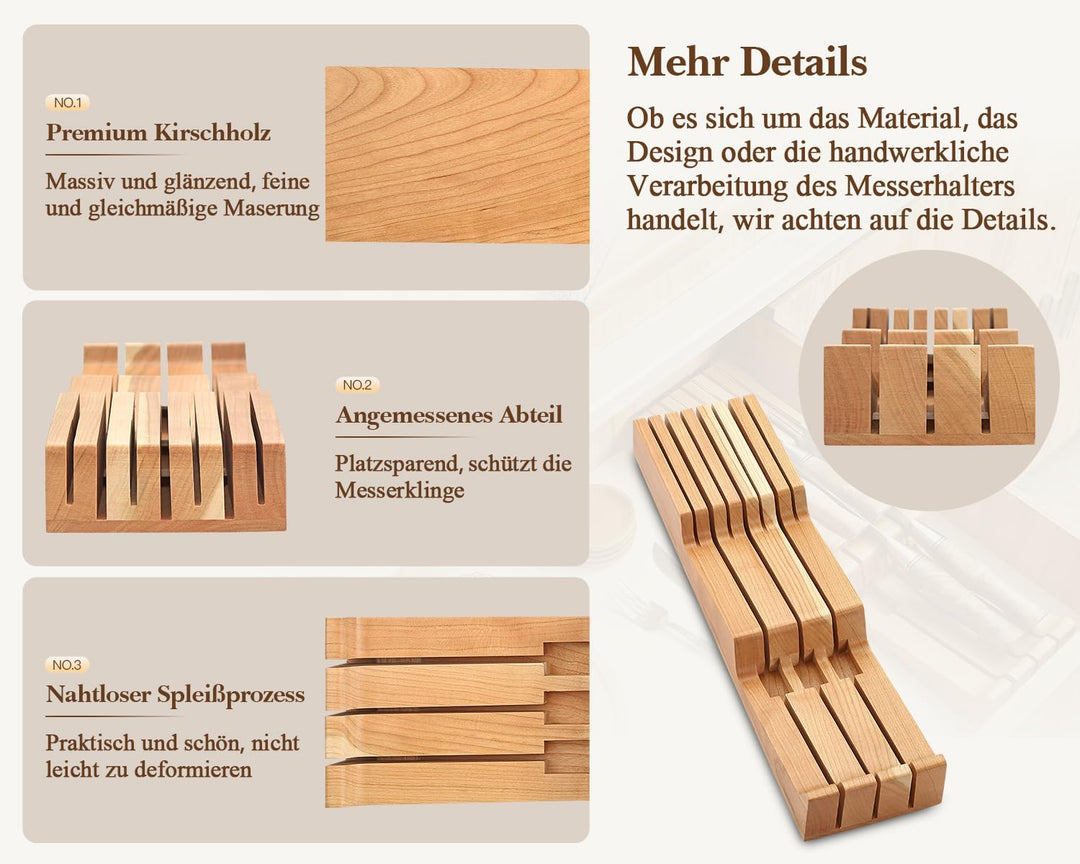 HEZHEN Messerhalter Schublade aus Kirschholz, In-Schublade Messerblock Holz Messerorganizer für die