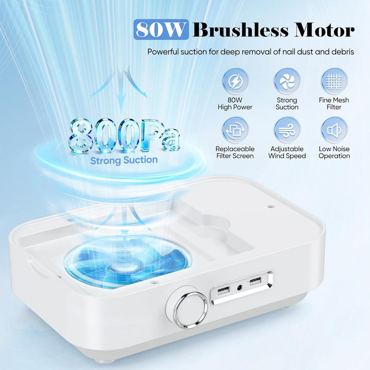 4-in-1 Elektrische Nagelfeile mit Staubsauger, LED-Lampe & Powerbank, 45.000 U/min Professionelle Na