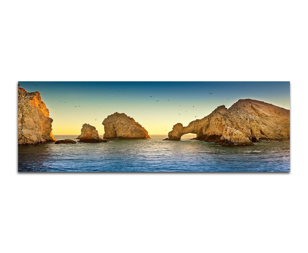 Paul Sinus Art Panoramabild auf Leinwand und Keilrahmen 150x50cm Mexiko Meer Felsformation Abendlich