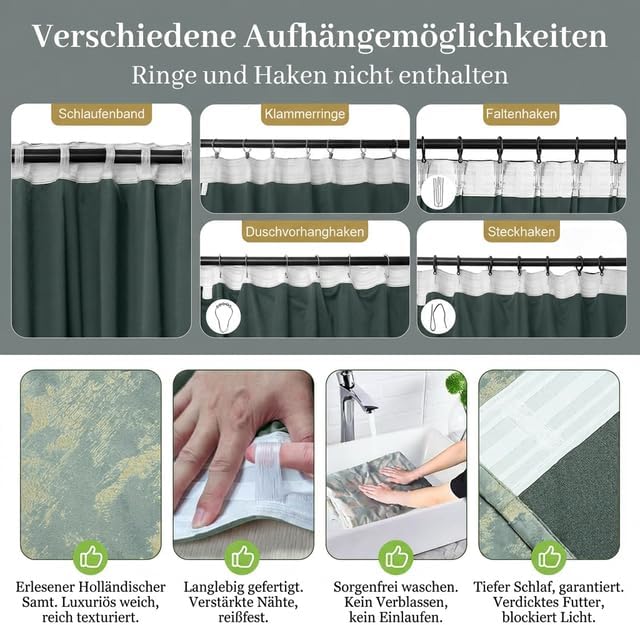 Rosnek Samt Vorhang Blickdicht 2er Set,Gardinen Kräuselband mit Heissprägen Muster,Thermogardine Ver