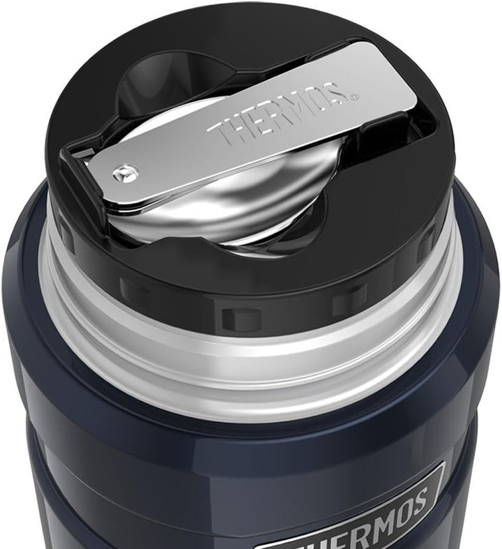 THERMOS Stainless King Vakuumisoliertes Lebensmittelglas mit Löffel, 473 ml, Mitternachtsblau Rot/Au