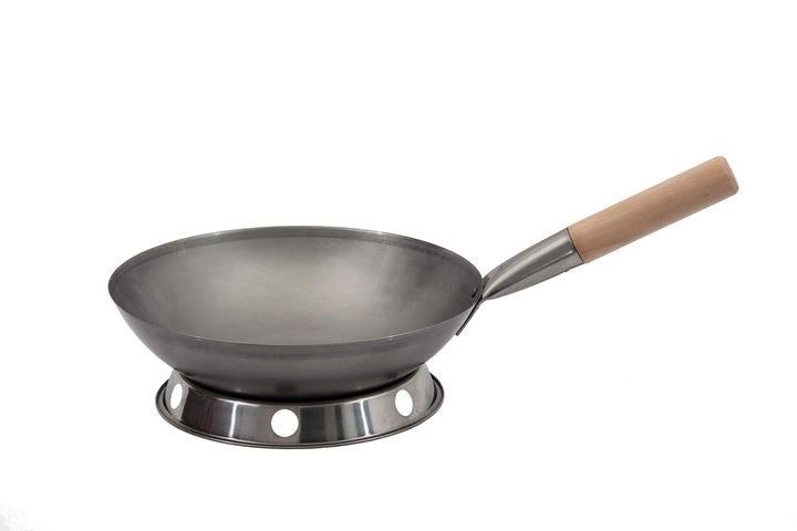 WOK SET, Pfanne 30 cm Ø runder Boden Carbon Stahl für Gasherd und Induktion Mulde + Wok Ring zum abs