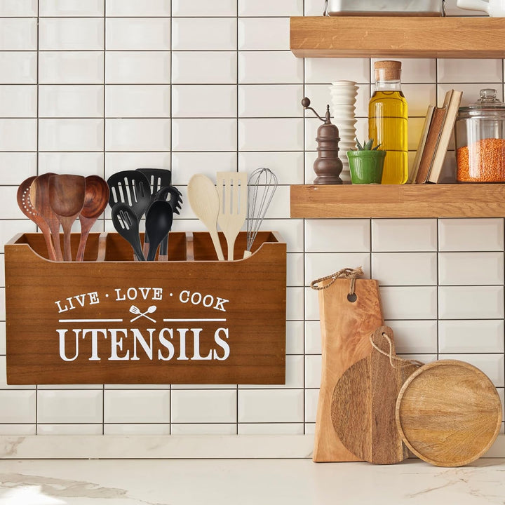 Karisky Kitchen Utensilhalter mit Drainageboden, grosse 3 Fächer fester echtes Holz Utensil Organize