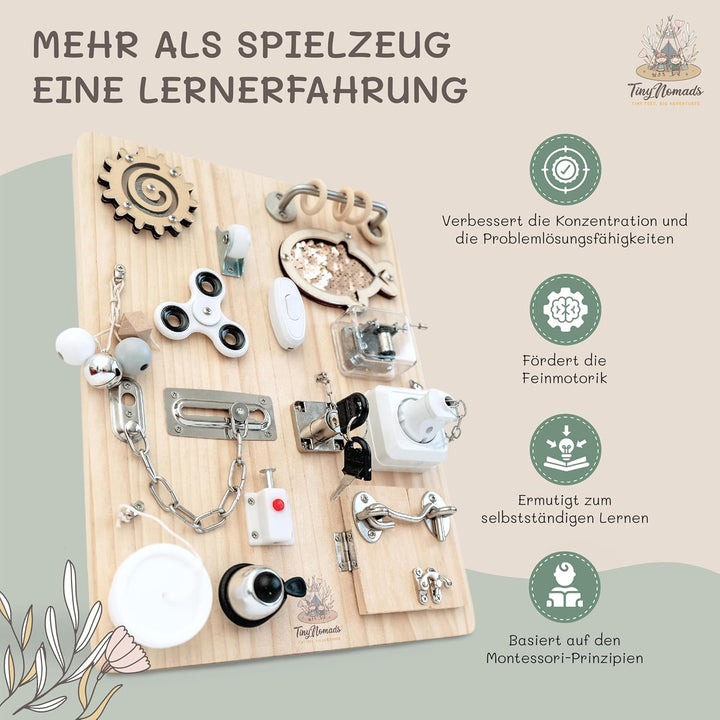 Tiny Nomads Montessori Busy Board motorikbrett ab 1 2 3 4 Jahr - Motorikboard für Baby Sensorik Acti