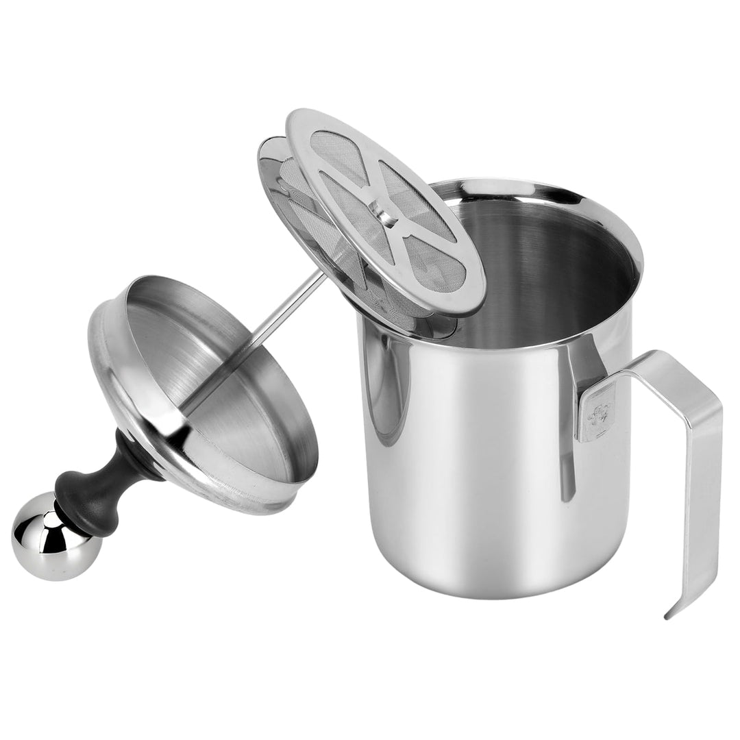 Manueller Milchaufschäumer, Handmilchaufschäumer aus Edelstahl mit Griff und Deckel für Kaffee Latte