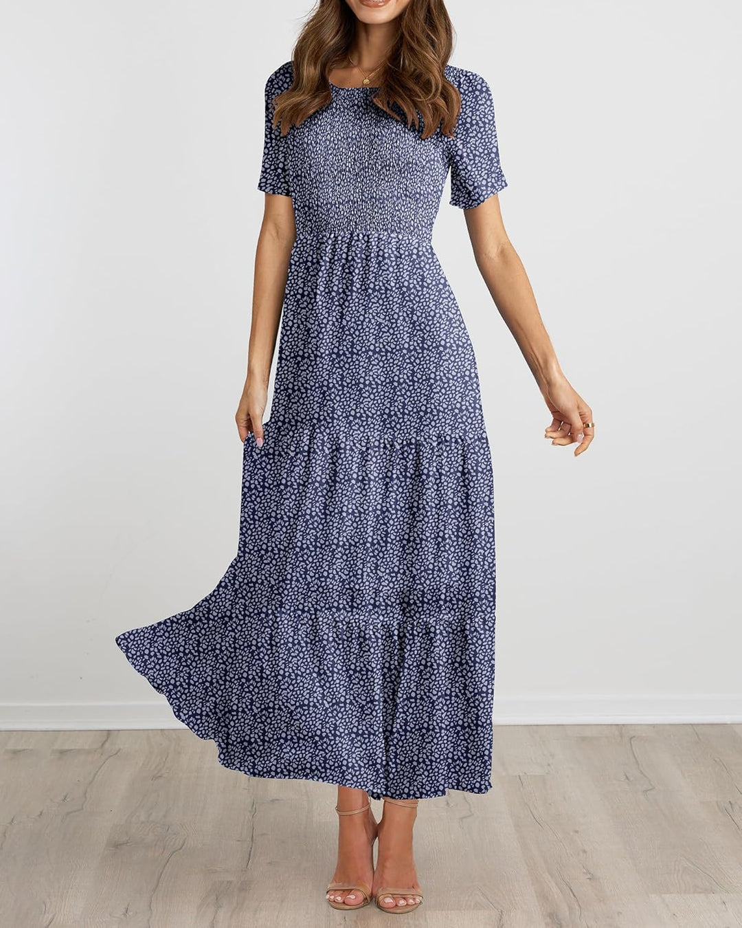 BTFBM Lässiges Sommerkleid für Damen, kurzärmelig, mit Rundhalsausschnitt, Boho-Stil, mit Blumendruc
