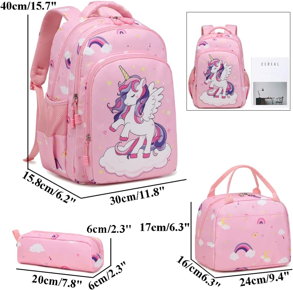 Kinderucksack Einhorn für Mädchen Schulrucksack Rucksack Kinder Schultasche 3 in 1 Schultaschen Sets