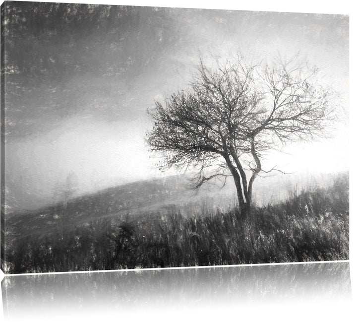 Pixxprint Baum in Landschaft Kohle Effekt, Format: 100x70 auf Leinwand, 100x70