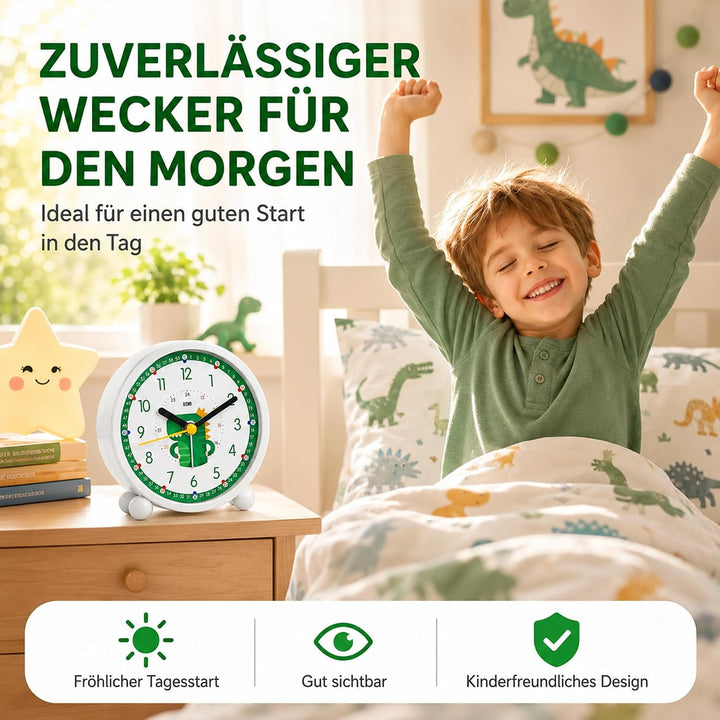 Sunshine Smile Dinosaurier Wecker mit Nachtlicht, Analog ohne Ticken, Lernwecker ohne Ticken, E-grün
