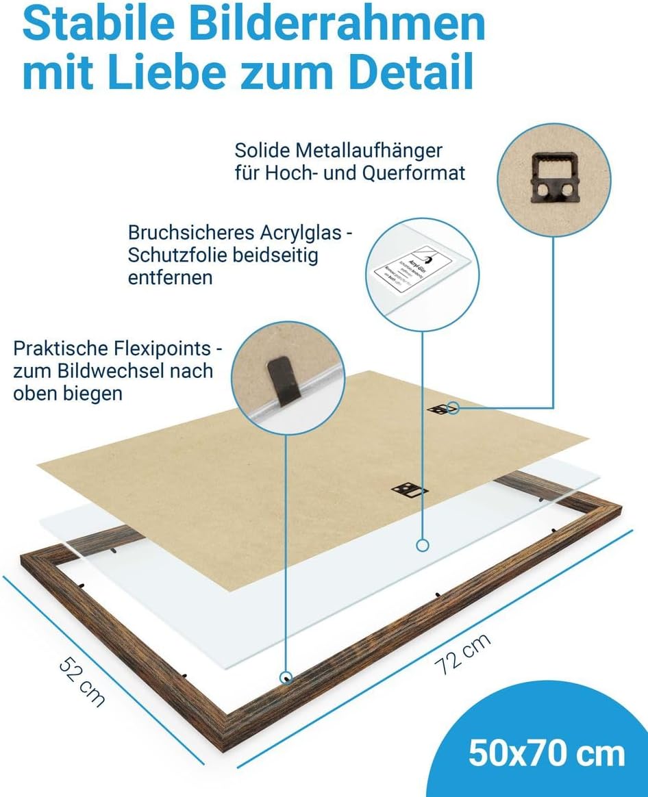 PHOTOLINI Bilderrahmen 50x70 Holz MDF Eiche Dunkel 3er Set, 50x70 cm Bilderrahmen gross, Rahmen 70x5