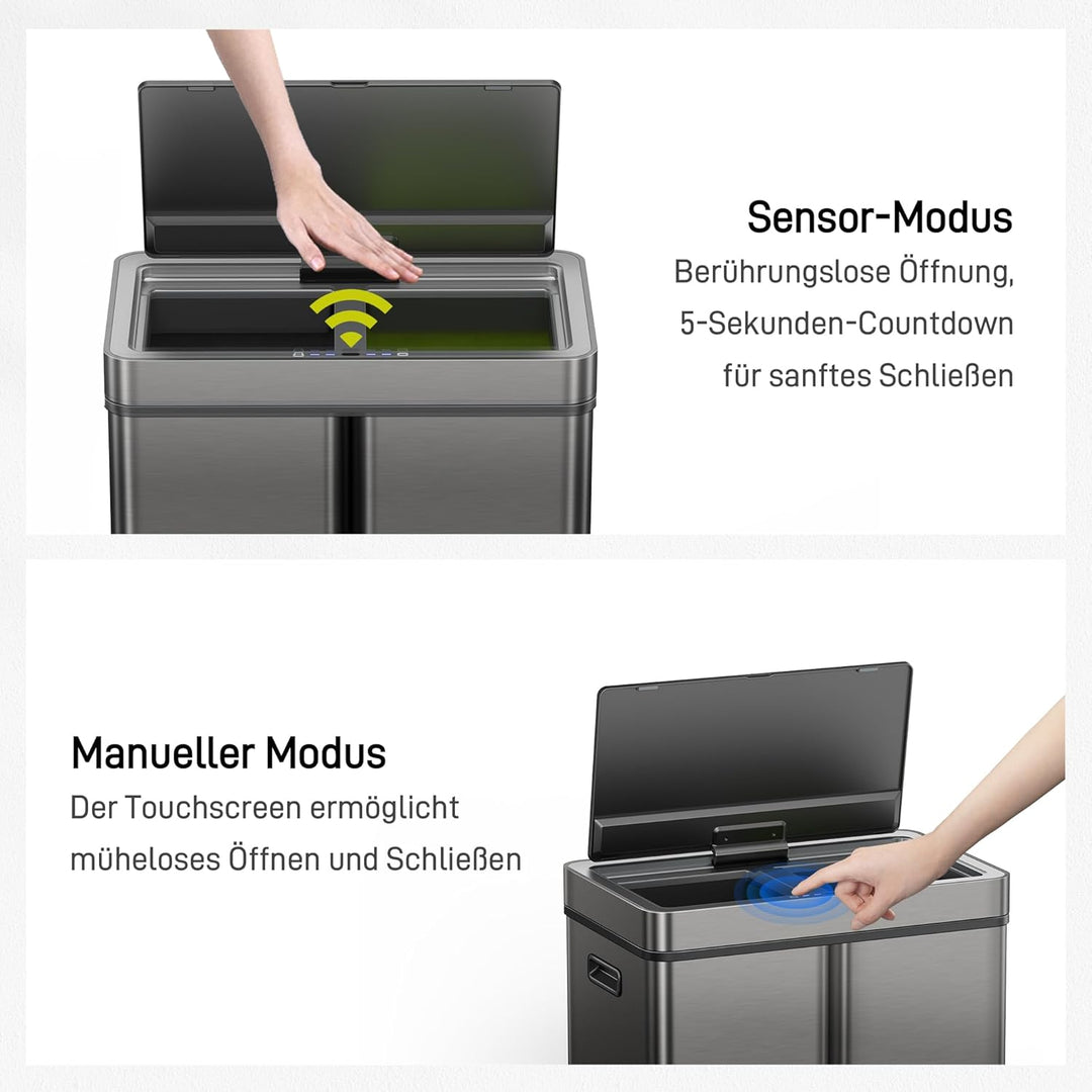 EKO Mirage Plus Mülltrennsystem mit 3 Fächer, 2 x 15 L und 30 L, Recycler Mülleimer mit Sensor, 3 Ku