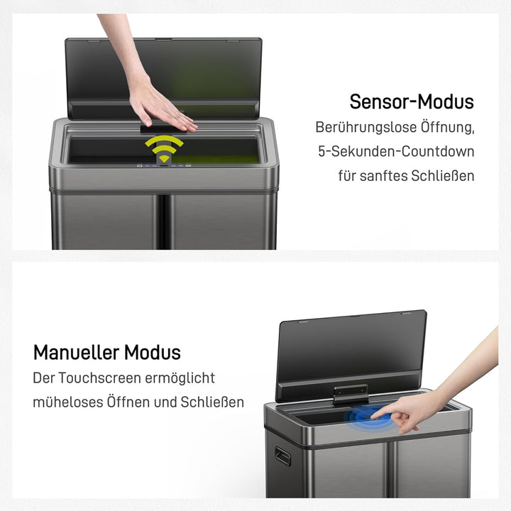 EKO Mirage Plus Mülltrennsystem mit 3 Fächer, 2 x 15 L und 30 L, Recycler Mülleimer mit Sensor, 3 Ku