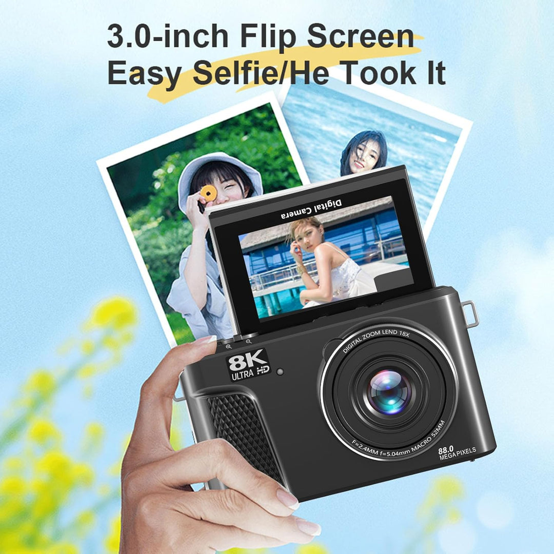 8K Digitalkamera für Fotografie, WiFi 88MP Vlogging -Kameras mit 3 "180 ° Flip -Bildschirm, Autofoku
