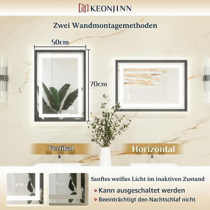 Keonjinn Badspiegel mit Beleuchtung Schwarz Metallrahmen 50x70cm, Badezimmerspiegel Beleuchtet Besch