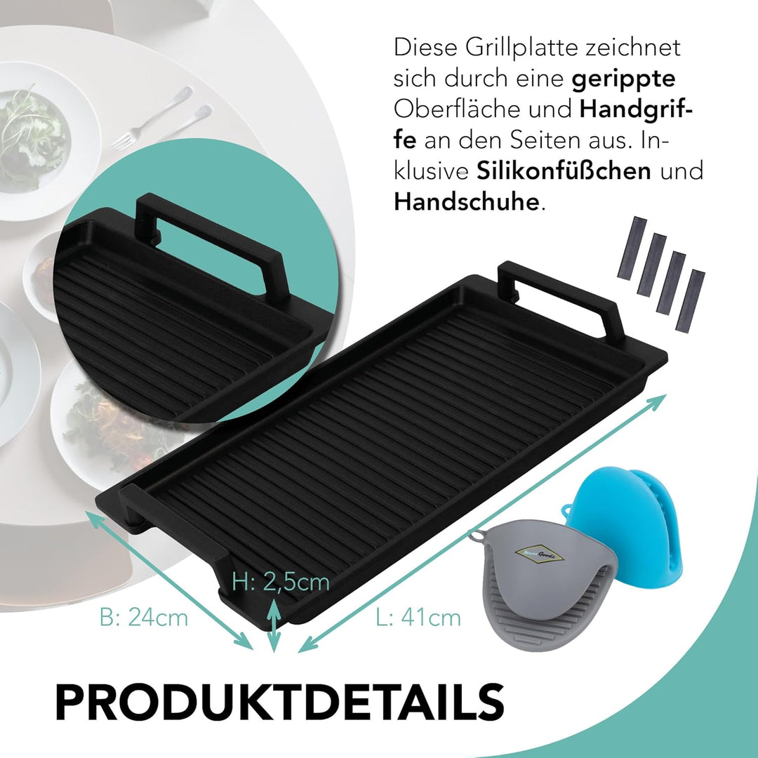 MaxxGoods - Aluminiumguss Grillplatte mit Seitengriffe - Gerippt - 41x24x2,5cm - für Induktion & all
