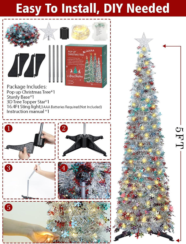 HMASYO 180 cm Pop-Up Lametta Weihnachtsbaum mit 100 Timer-Lichter und Fernbedienung, Zusammenklappba
