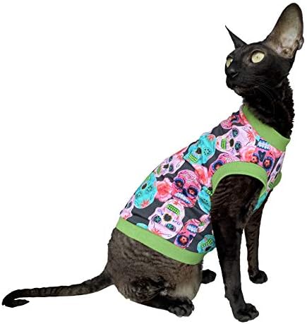 Kotomoda T-Shirt fьr Sphynx-Katzen, haarlos, Baumwolle, Stretch, mexikanische Schдdel, Grцяe S, S