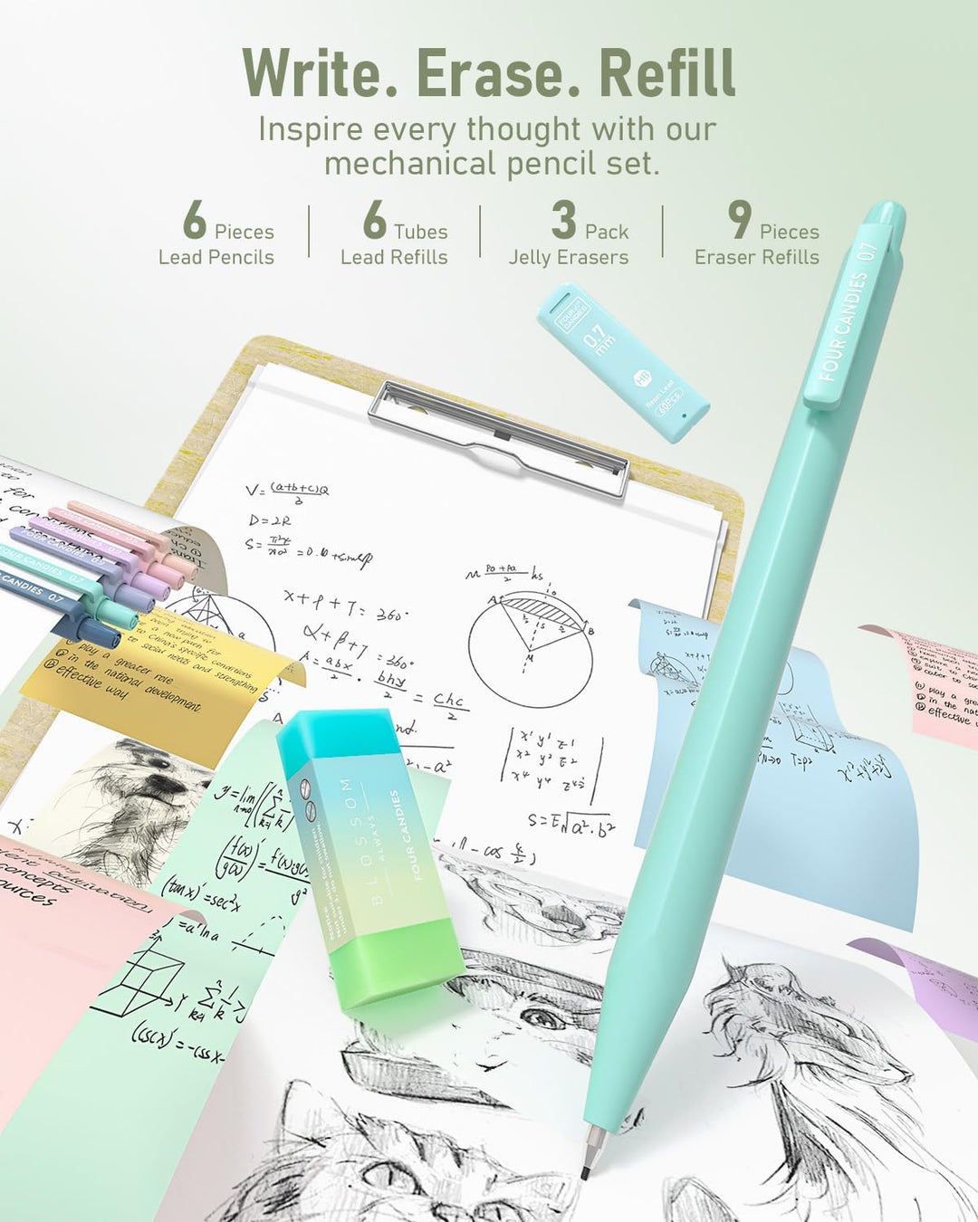 Four Candies 39 Stück Schulsachen mit Mäppchen, 12 Pastell Textmarker, 5 Gelstifte, 6 Druckbleistift