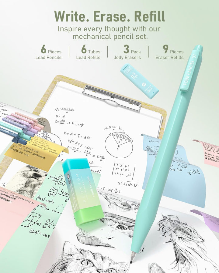 Four Candies 39 Stück Schulsachen mit Mäppchen, 12 Pastell Textmarker, 5 Gelstifte, 6 Druckbleistift