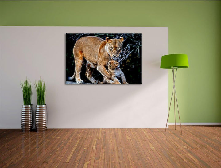 Dark Löwin spielt mit Jungtier Deluxe Format: 100x70 cm auf Leinwand, XXL riesige Bilder fertig gera