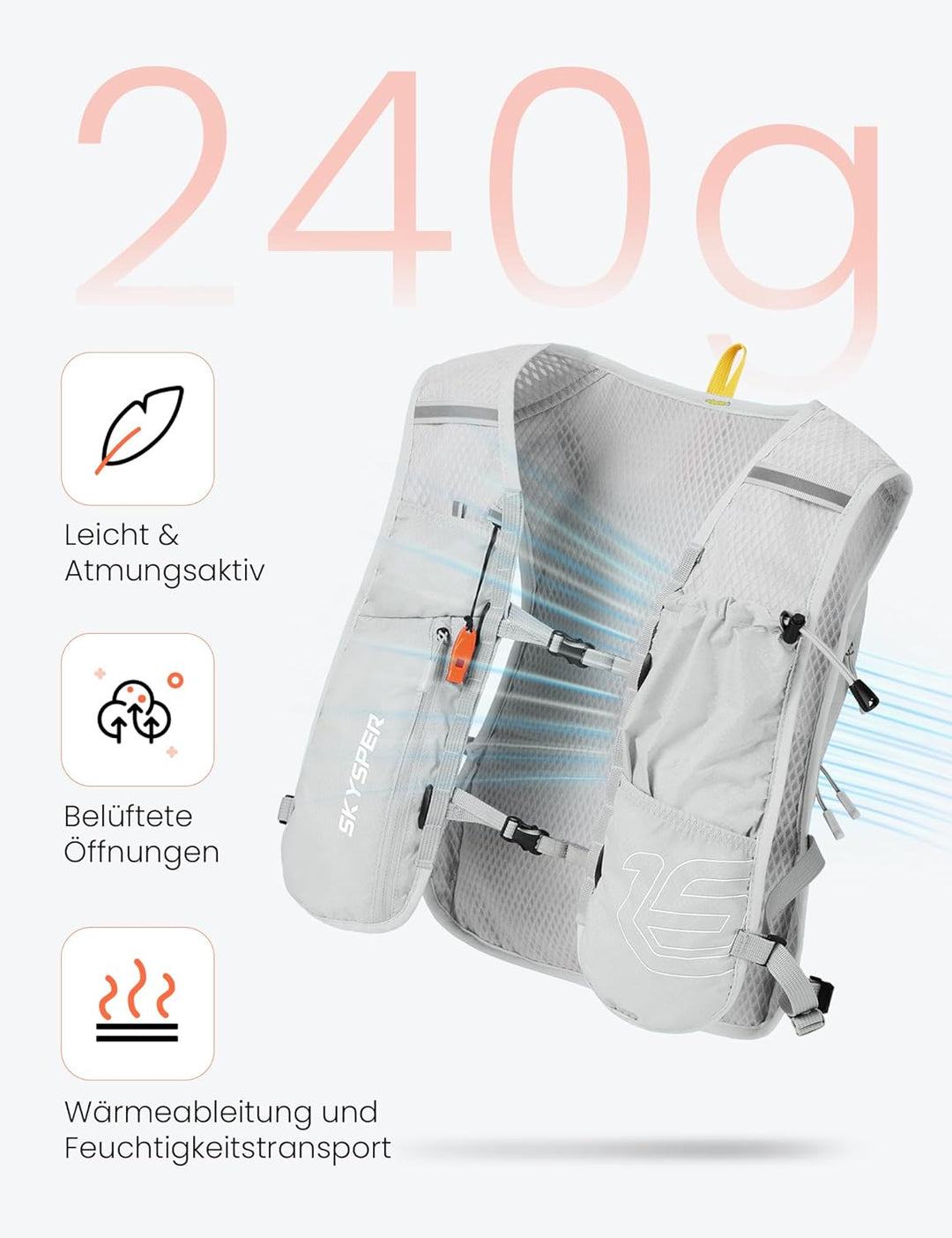 SKYSPER Laufweste für Damen Herren 12L Laufrucksack mit 500ml Trinkflasche Reflektierende Trinkweste