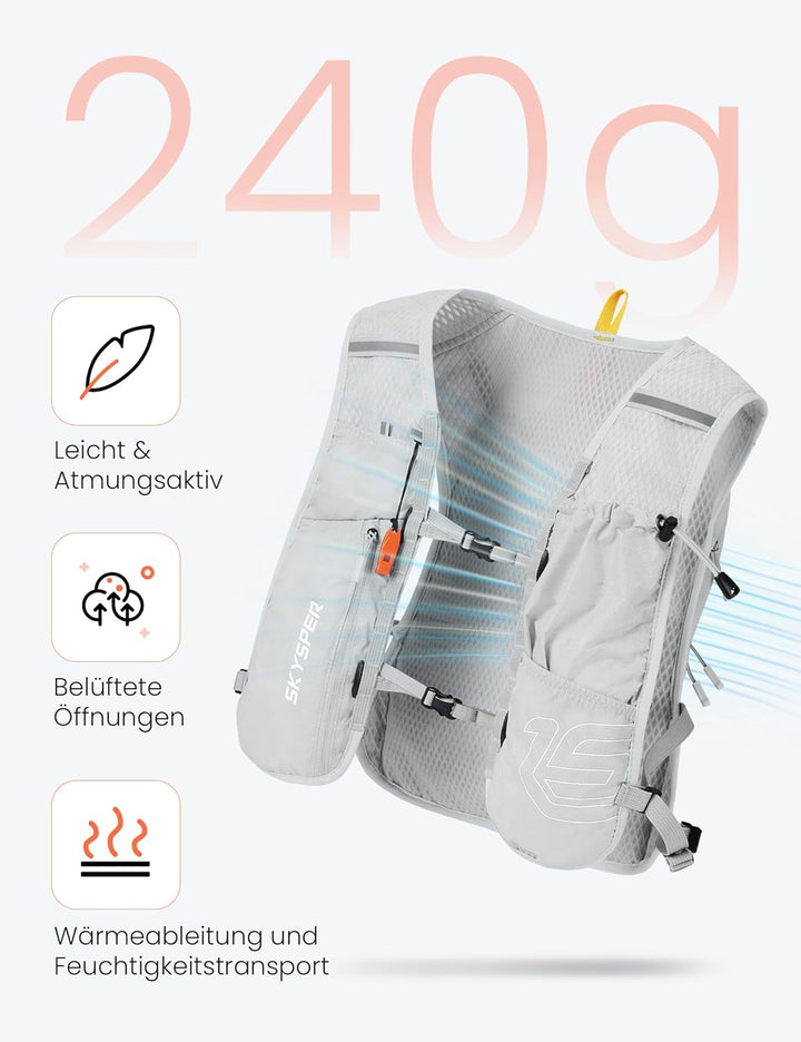 SKYSPER Laufweste für Damen Herren 12L Laufrucksack mit 500ml Trinkflasche Reflektierende Trinkweste