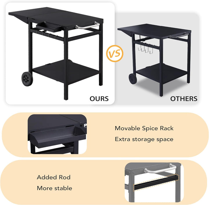 PIZZELLO Outdoor Grill Esswagen Beweglicher Pizzaofen Trolley BBQ Ständer Doppelregal Outdoor Workta