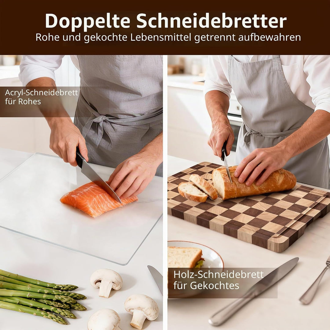 Schneidebrett-Set 2-teilig – Kariertes Holz- &amp; Acryl-Schneidebrett mit Arbeitsplatten-Lippe, Holz-Sc