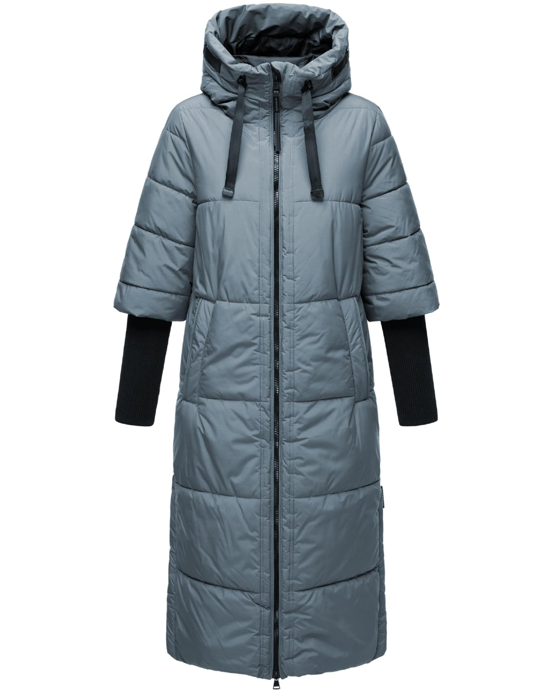 Navahoo Damen Wintermantel Warmer Steppmantel lang mit Kapuze und Rippstrickärmeln Ciao MIAU XIV XS-