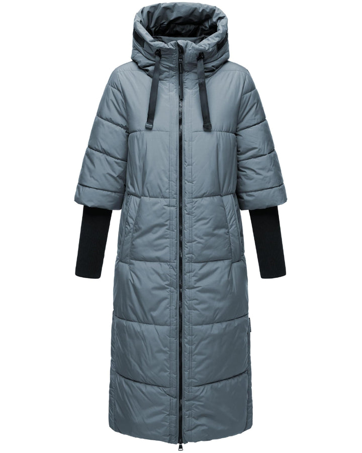 Navahoo Damen Wintermantel Warmer Steppmantel lang mit Kapuze und Rippstrickärmeln Ciao MIAU XIV XS-