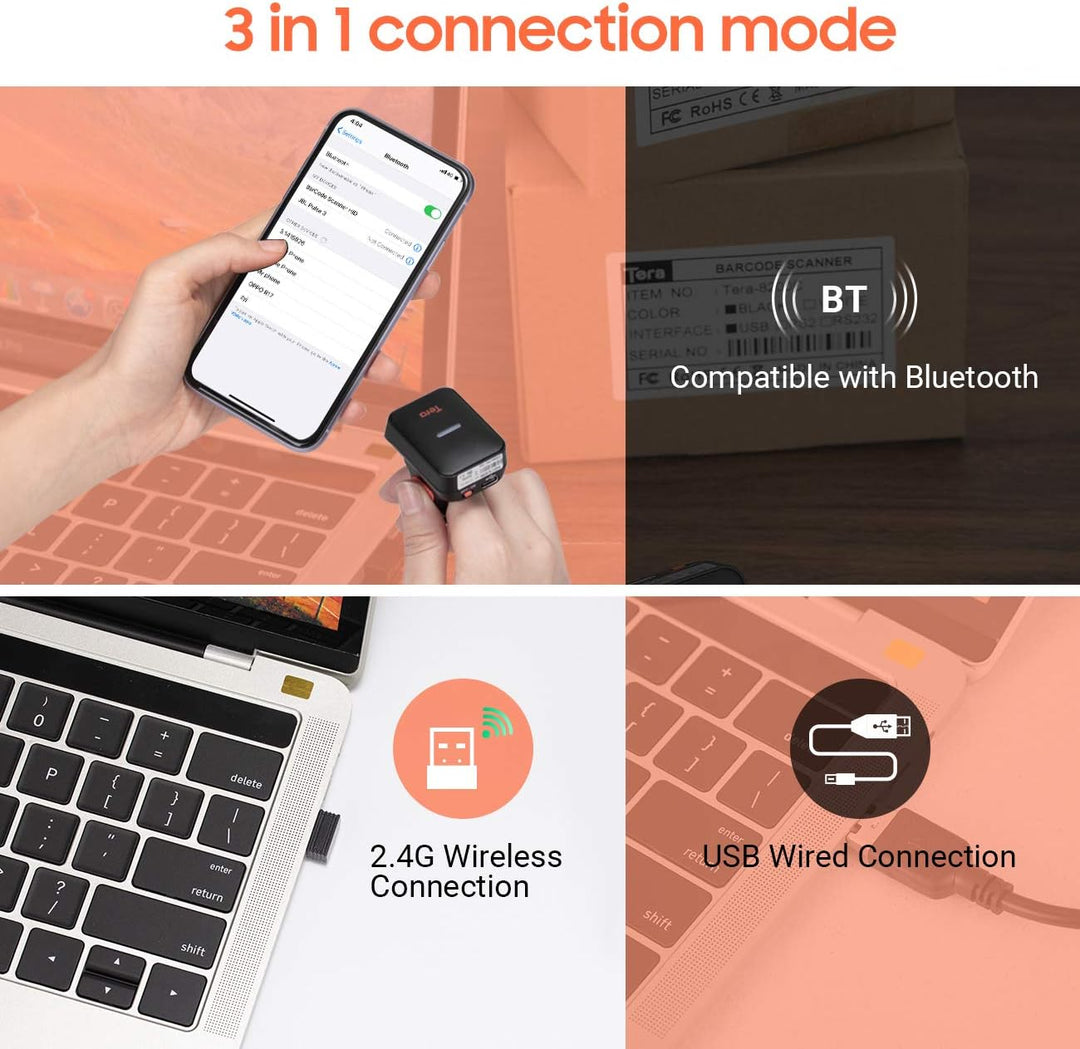 Tera Pro Series Mini CMOS Ring Barcode Scanner 1D 2D QR Barcode Scanner Wireless Bluetooth & Wireles