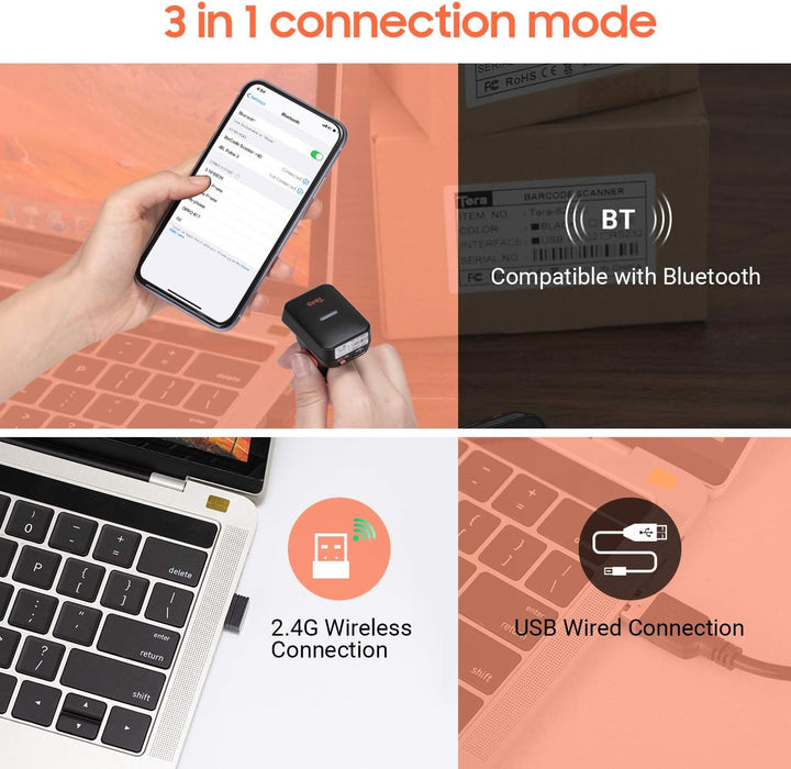 Tera Pro Series Mini CMOS Ring Barcode Scanner 1D 2D QR Barcode Scanner Wireless Bluetooth & Wireles