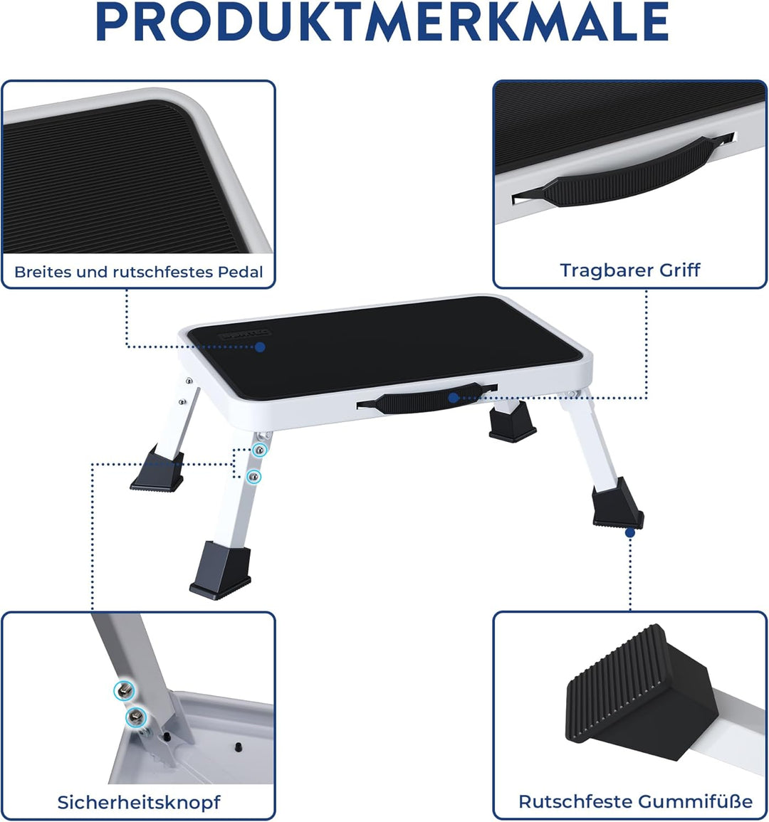 BONTEC Klapptritt, weisser Tritthocker klappbar bis 150 kg, rutschfeste Trittstufe mit Gummifüssen,