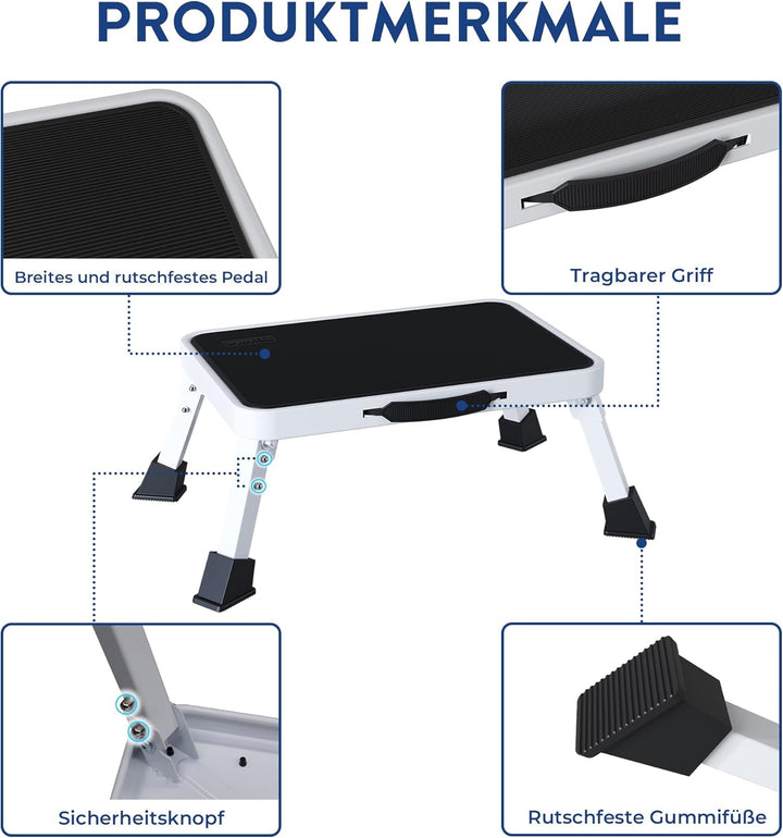 BONTEC Klapptritt, weisser Tritthocker klappbar bis 150 kg, rutschfeste Trittstufe mit Gummifüssen,