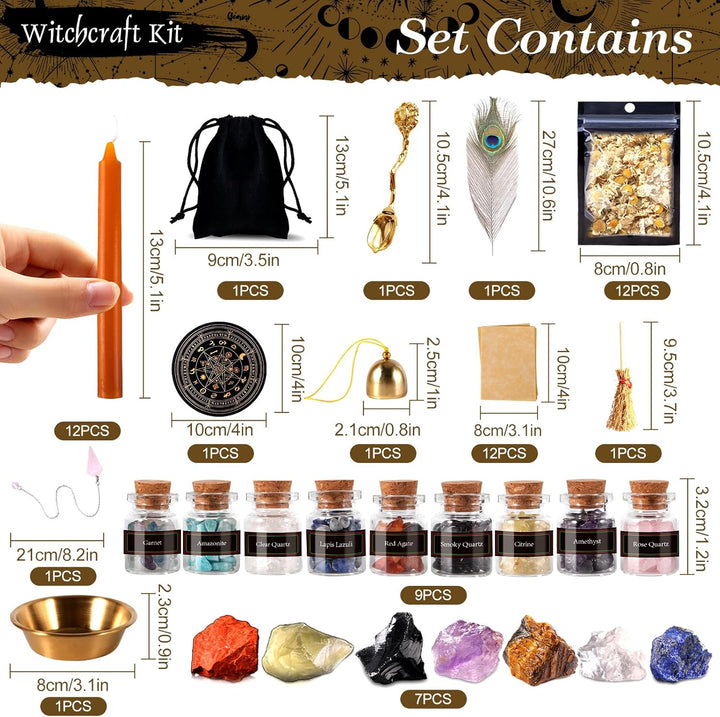 VIPNAJI Starter Witch Kit 64 Stück Witchcraft Kit,Kerzen Kleine,Trockenblumen,Kristallen,Messlöffel,