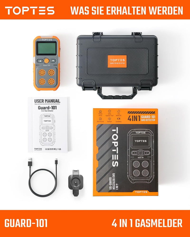 TopTes Guard-101 Gasmelder, 4 Gasmelder Für H2S, CO, LEL Und O2, Mit Vibration, Licht- Und Tonalarm,