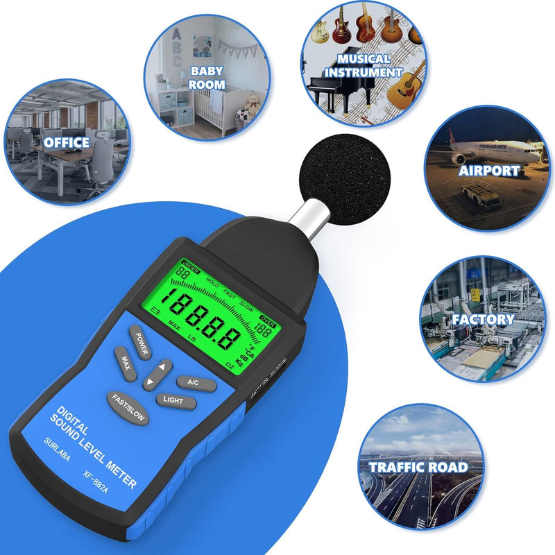 Digitaler Schallpegelmesser, Handheld Dezibelmesser 30-130 dB (A/C), ±1,5 dB Audio Volume Level Test
