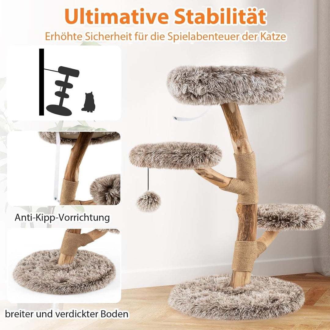 COSTWAY 90cm Kratzbaum Holz, Katzenbaum mit Kratzpfosten aus Massivholz und Jute, 4 Plüschsitzfläche