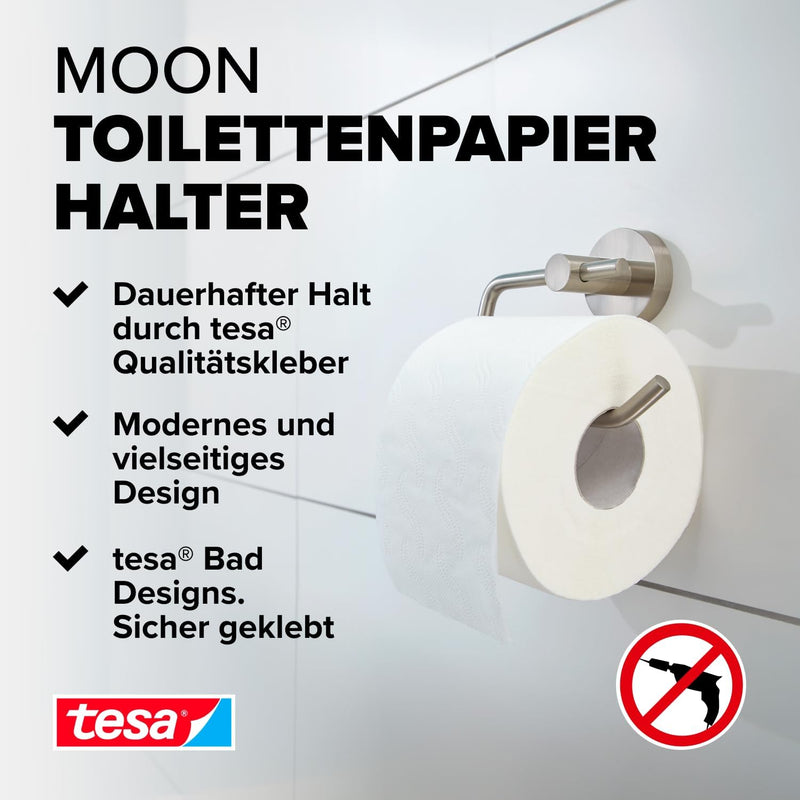 tesa Moon Toilettenpapierhalter, verchromt - WC-Rollenhalter zur Wandbefestigung ohne Bohren, inkl.