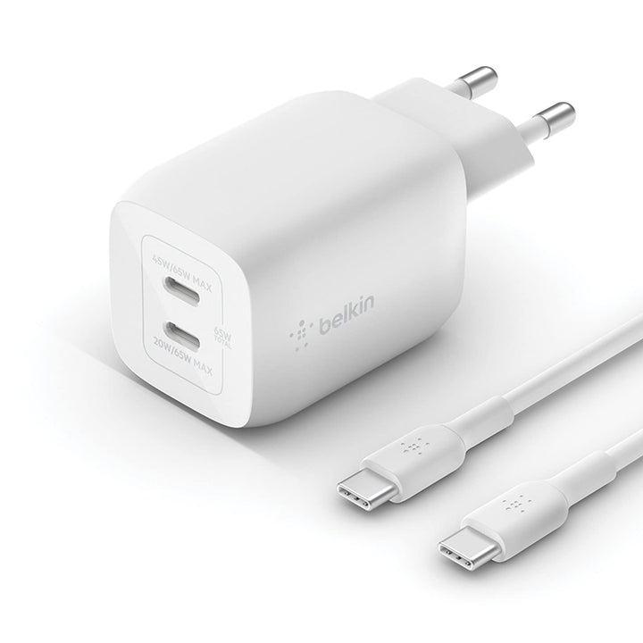 Belkin 65-W-USB-C-Ladegerät mit 2 Ports und USB-C/C-Kabel, Schnellladen mit Power Delivery3.0 und Ga